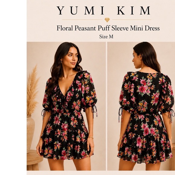 Yumi Kim Dresses & Skirts - Yumi Kim Hailey Dress Paradise Villa Black Floral Mini Puff Sleeve‎ Size L